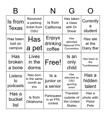 Aggie-X Bingo Card
