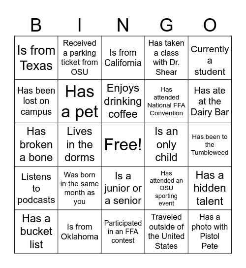 Aggie-X Bingo Card