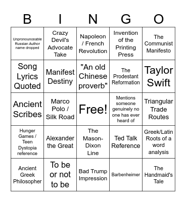 Honor's Seminar Bingo Card