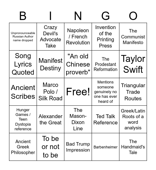 Honor's Seminar Bingo Card