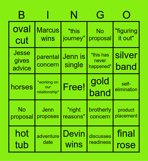 Jenn's Bratchelorette Finale Bingo Card