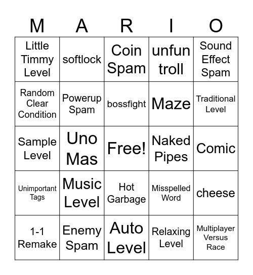 SMM2 Endless Easy Bingo Card