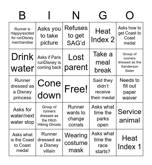 Disneyland Halloween Half Marathon Weekend Bingo Card