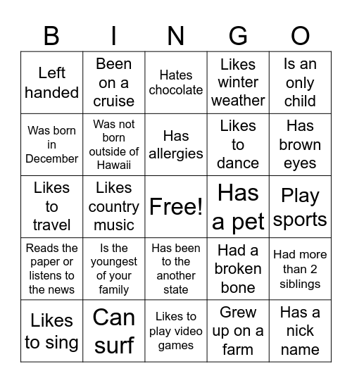 Human Scavenger Hunt Bingo Card