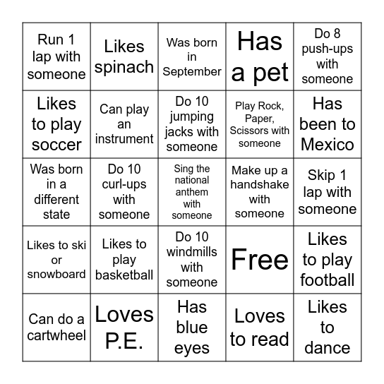 P.E. Cooperative Human Bingo Card