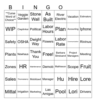 Oxbow Pool and Landscape Contractors Bingo Card