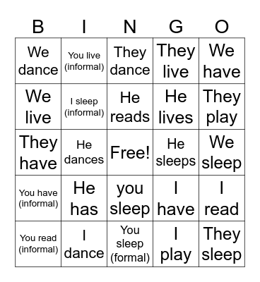 Verb Conjugation Review Bingo Card