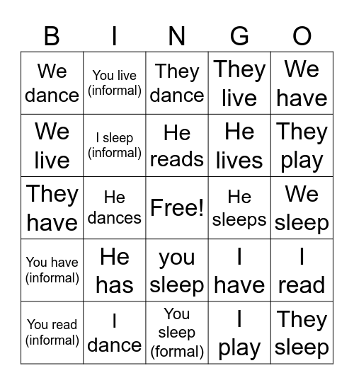 Verb Conjugation Review Bingo Card