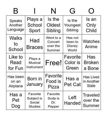 Classmate Bingo Card