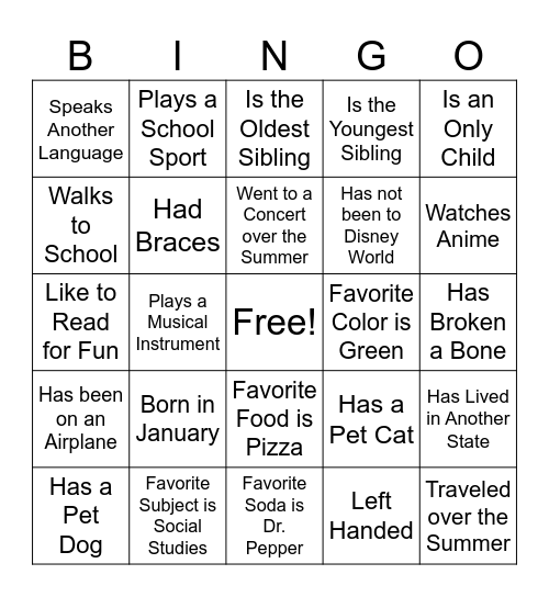 Classmate Bingo Card