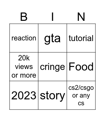 yt shorts bingo Card