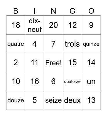 French numbers 1-20 Bingo Card