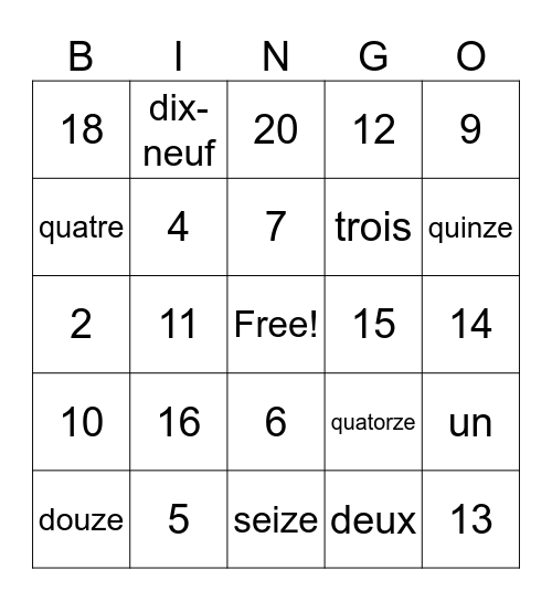French numbers 1-20 Bingo Card