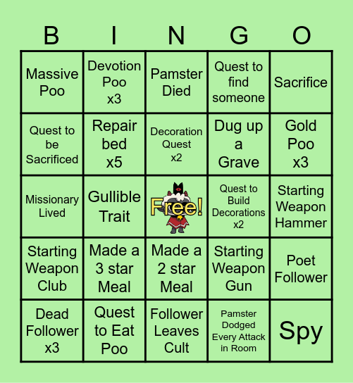 Cult of the Lamb Bingo Card