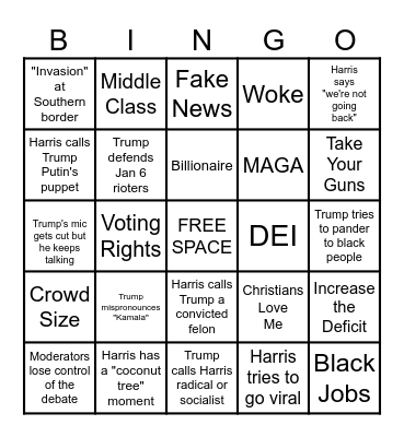 2024 Harris v. Trump Debate Bingo Card