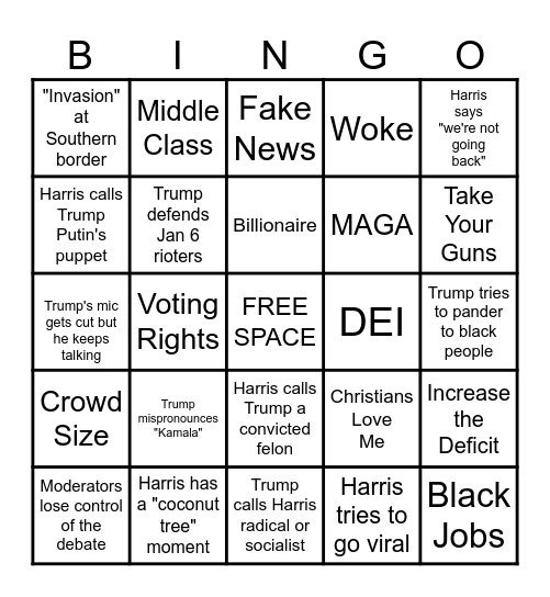 2024 Harris v. Trump Debate Bingo Card