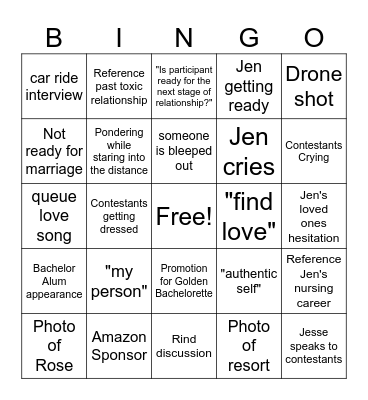 Jen Bachelorette Bingo Card