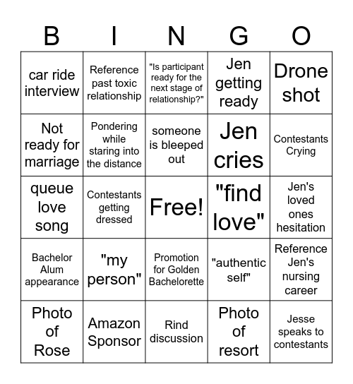 Jen Bachelorette Bingo Card