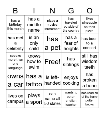 Getting to Know You Bingo Card