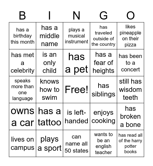 Getting to Know You Bingo Card