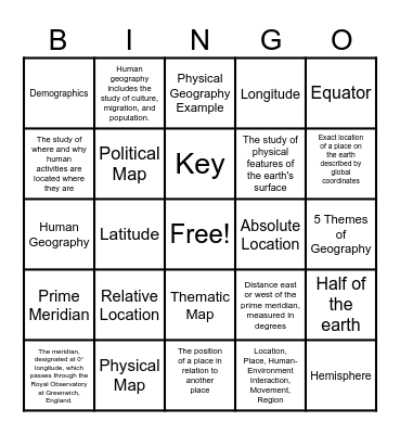 5 Themes of Geography! Bingo Card