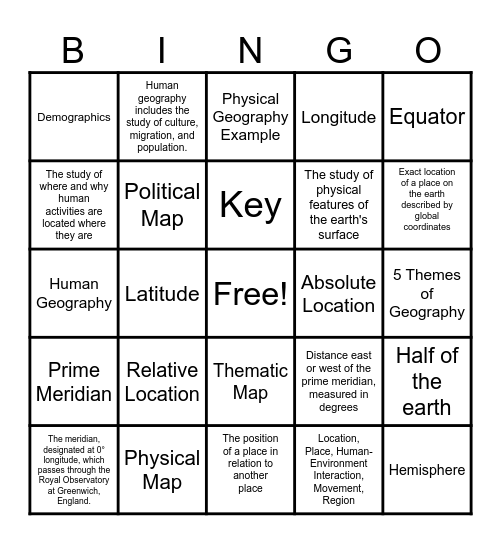 5 Themes of Geography! Bingo Card