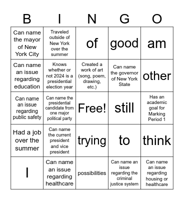 Current Events Bingo Card