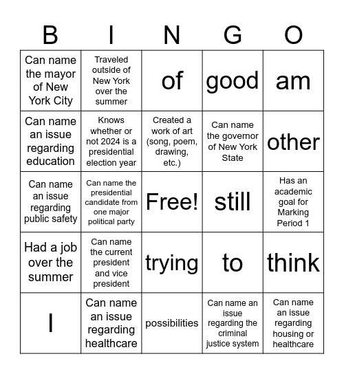 Current Events Bingo Card