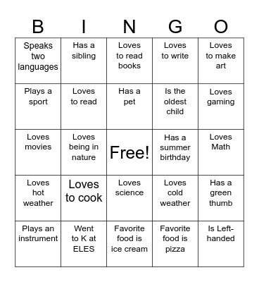 Get to Know Your Classmates Bingo Card