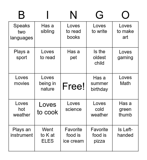 Get to Know Your Classmates Bingo Card