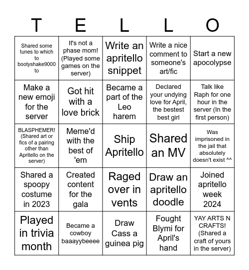 Tello Card Bingo Card