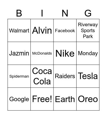 Proper Nouns Bingo Card