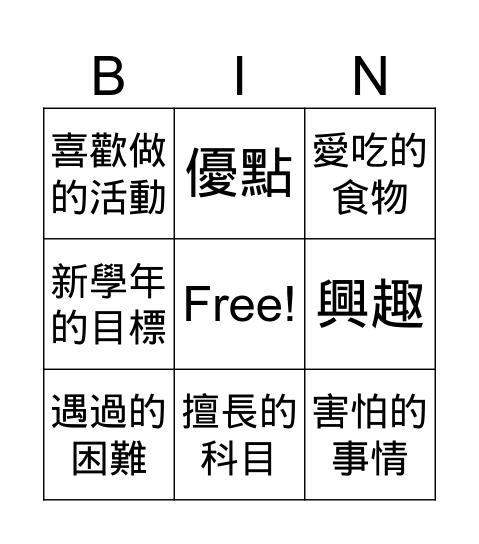 自我介紹bingo Card