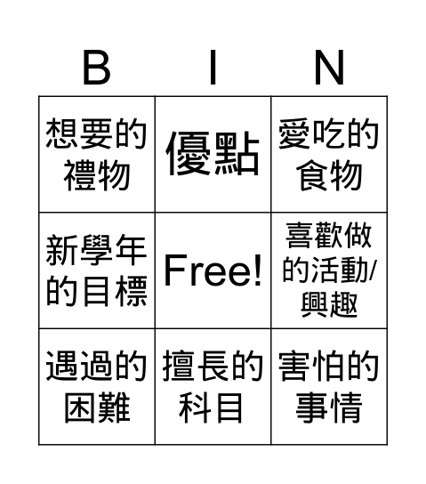 自我介紹bingo Card