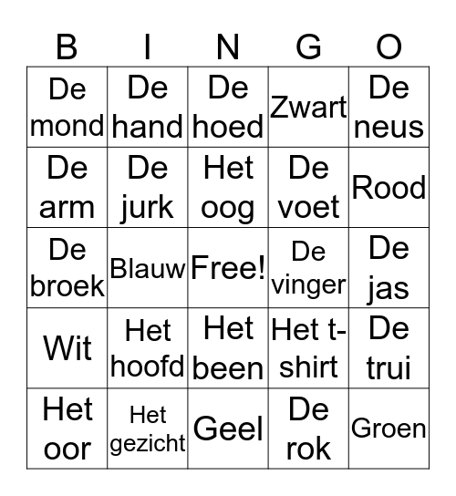 lichaam/kleding/kleuren Bingo Card