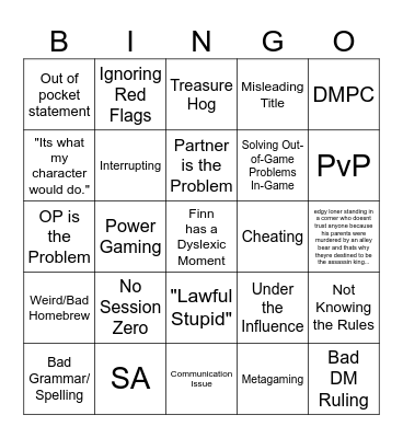 RPG Horror Story Bingo Card