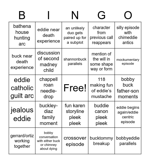 911 season eight Bingo Card