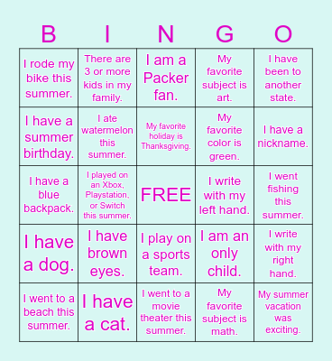 Back to School Bingo Card