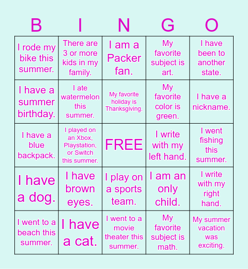 Back to School Bingo Card