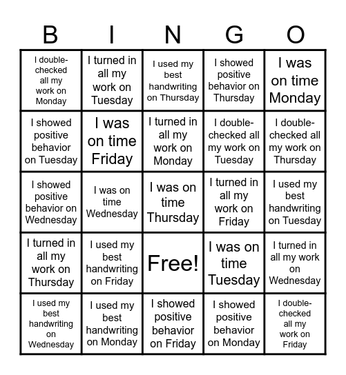 Classroom Bingo Card