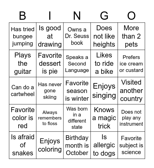 Get to Know Your Neighbor Bingo Card