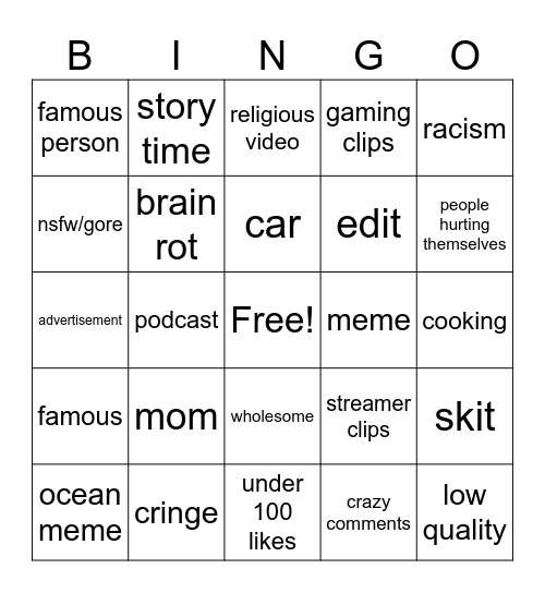 instagram bingo Card