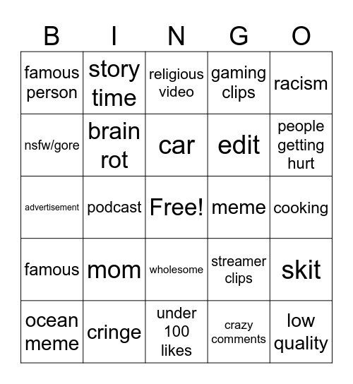 instagram bingo Card