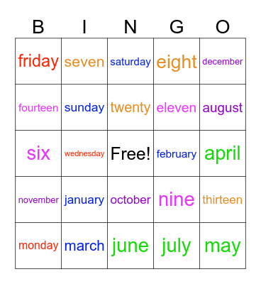 estaciones, meses, días, y números Bingo Card