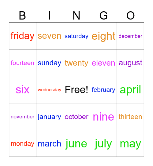 estaciones, meses, días, y números Bingo Card
