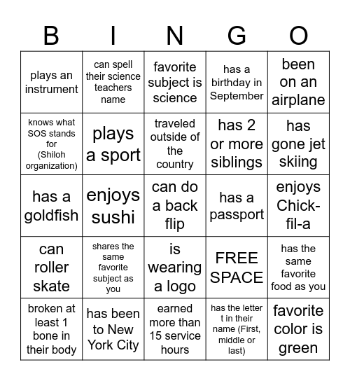 GET TO KNOW YOU Bingo Card