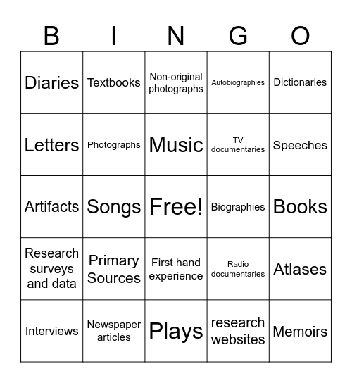 Primary and Secondary Sources BINGO Card
