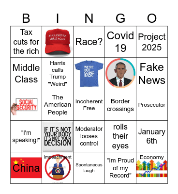 Sept 2024 Harris v Trump Debate Bingo Card