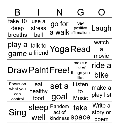 Coping Skills Bingo Card