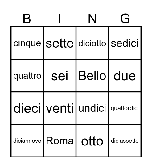Italian Numbers to 20 Bingo Card